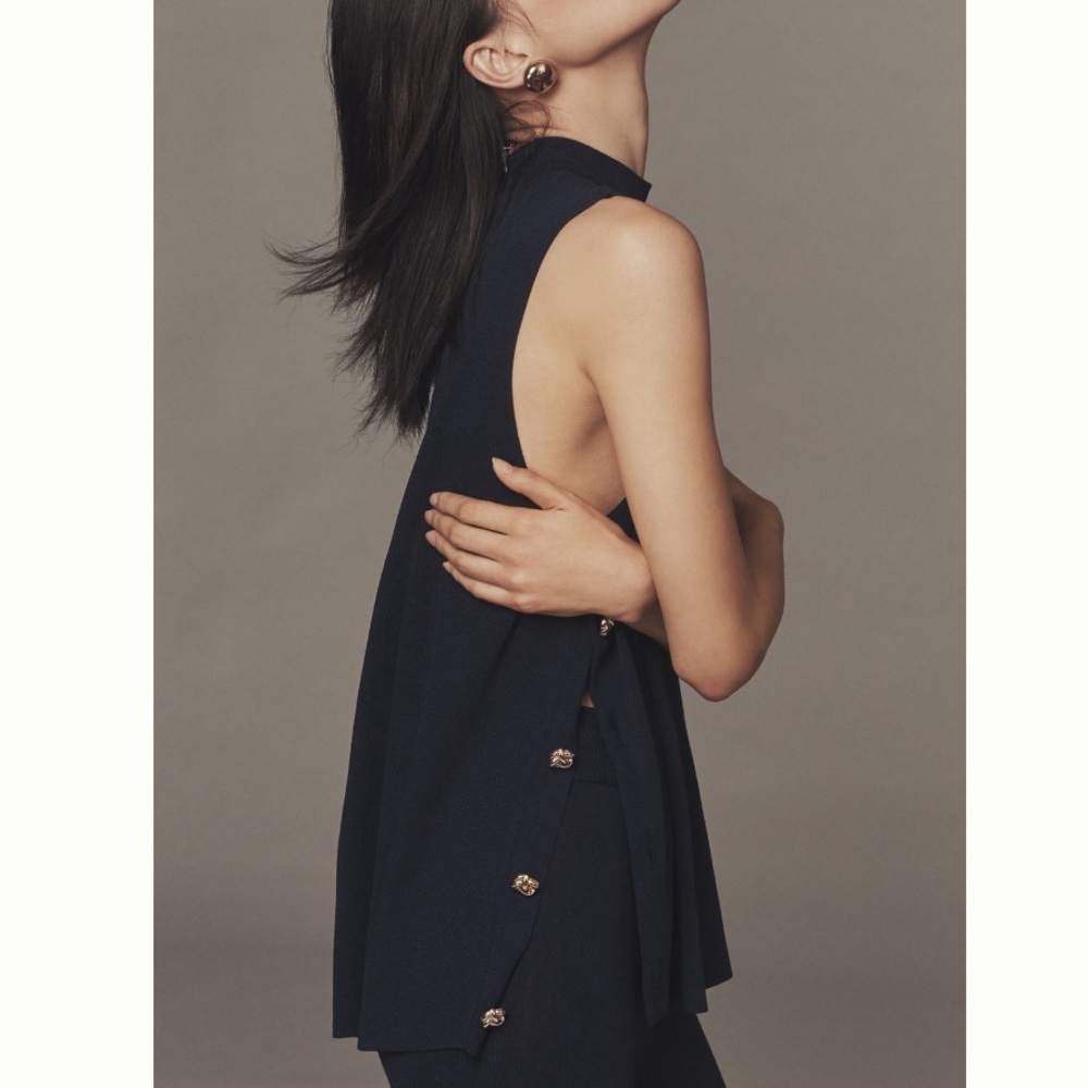 🟤NWT MAEVE by ANTHROPOLOGIE Side-Button Sweater Tank Top in Navy LARGE